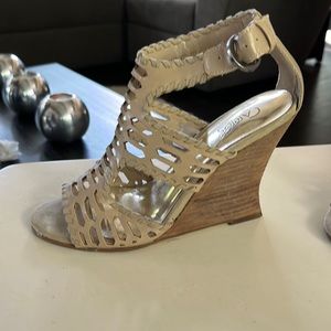 Size 6 Carlos by Carlos Santana beige wedge sandals: 3 inch heels